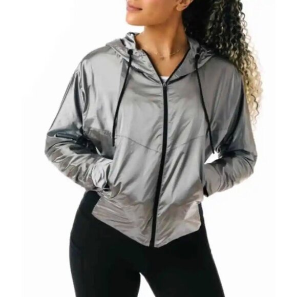 ZYIA Jackets & Blazers - ZYIA Windbreaker Jacket Womens XXL Gray Silver Hoodie Lightweight Workout Pocket